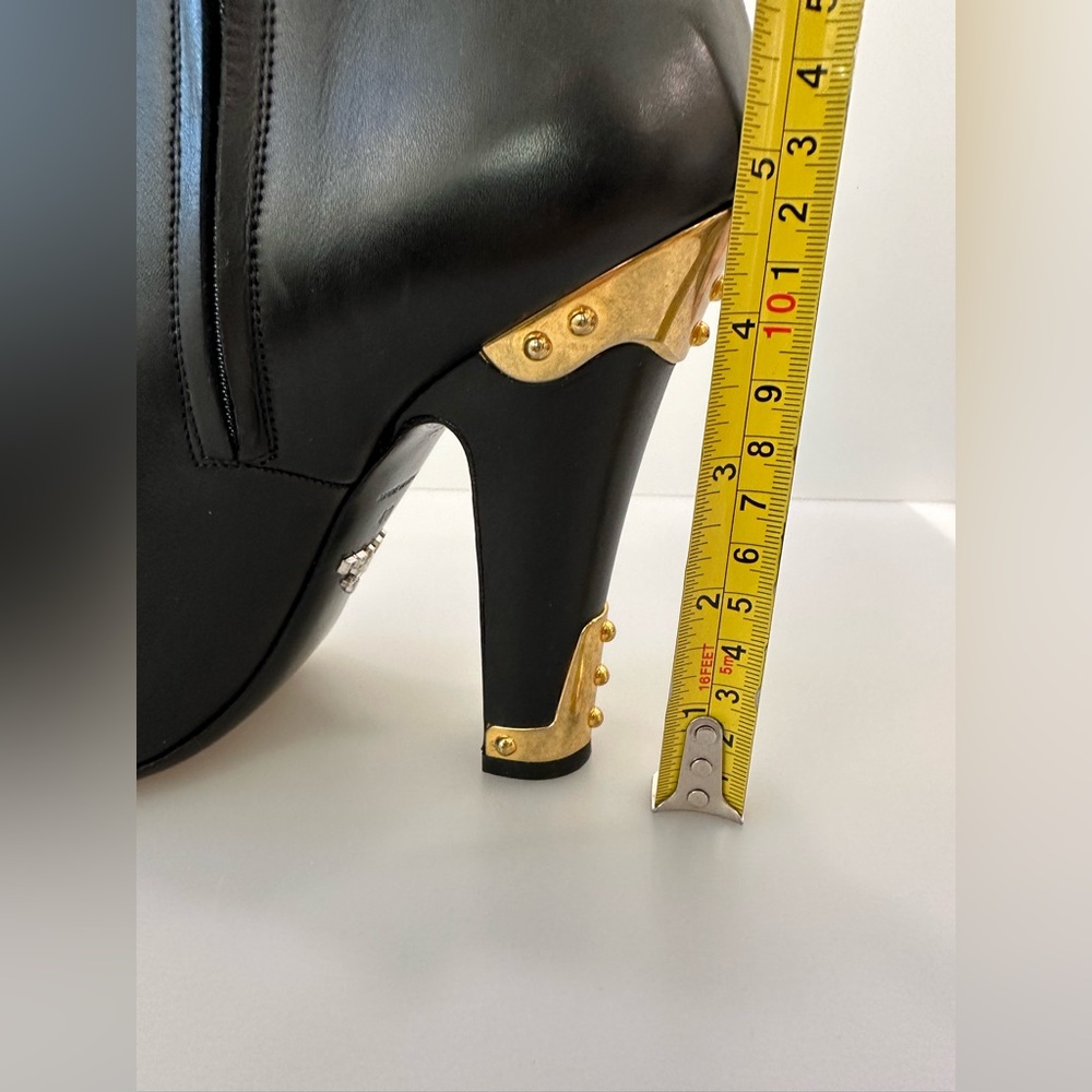 AUTHENTIC PRADA CALZATURE DONNA Black Leather Ankle Boots with Gold Heel Detail - Picture 8 of 14